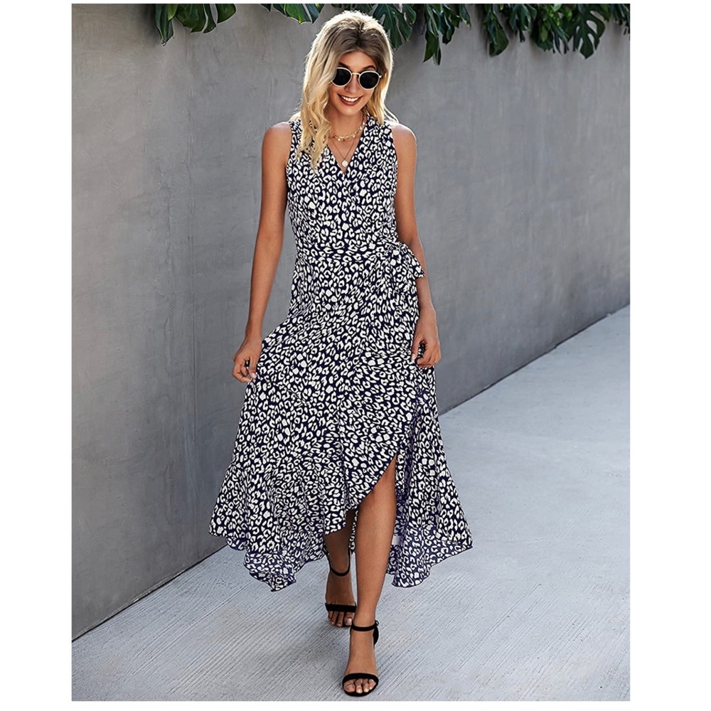 Dokuritu - Women’s Sleeveless Leopard Wrap Ruffle-Hem Maxi Dress (M)